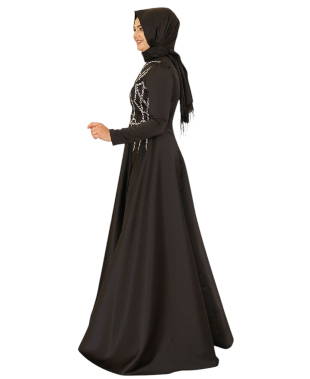 Satinkleid Maxikleid in Satinoptik mit Schmucksteinbesatz - Modest Fashion Abiye