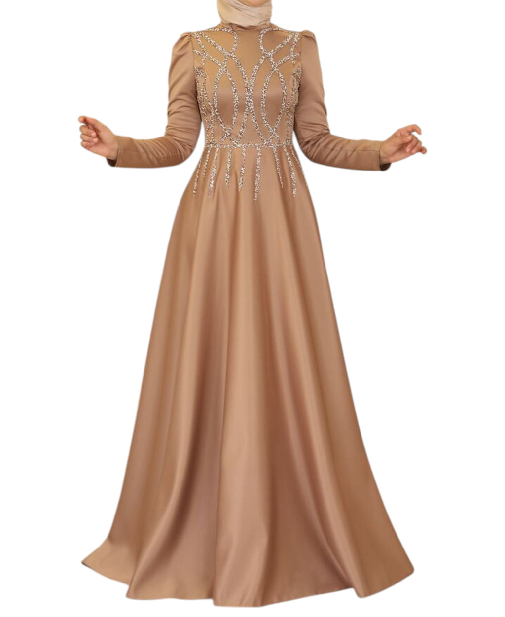 Satinkleid Maxikleid in Satinoptik mit Schmucksteinbesatz - Modest Fashion Abiye