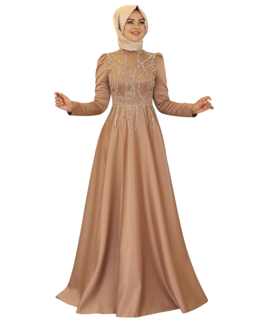 Satinkleid Maxikleid in Satinoptik mit Schmucksteinbesatz - Modest Fashion Abiye