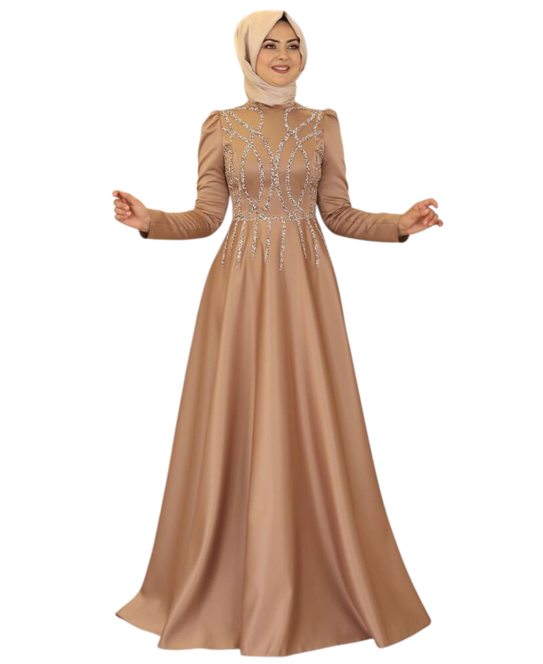 Satinkleid Maxikleid in Satinoptik mit Schmucksteinbesatz - Modest Fashion Abiye