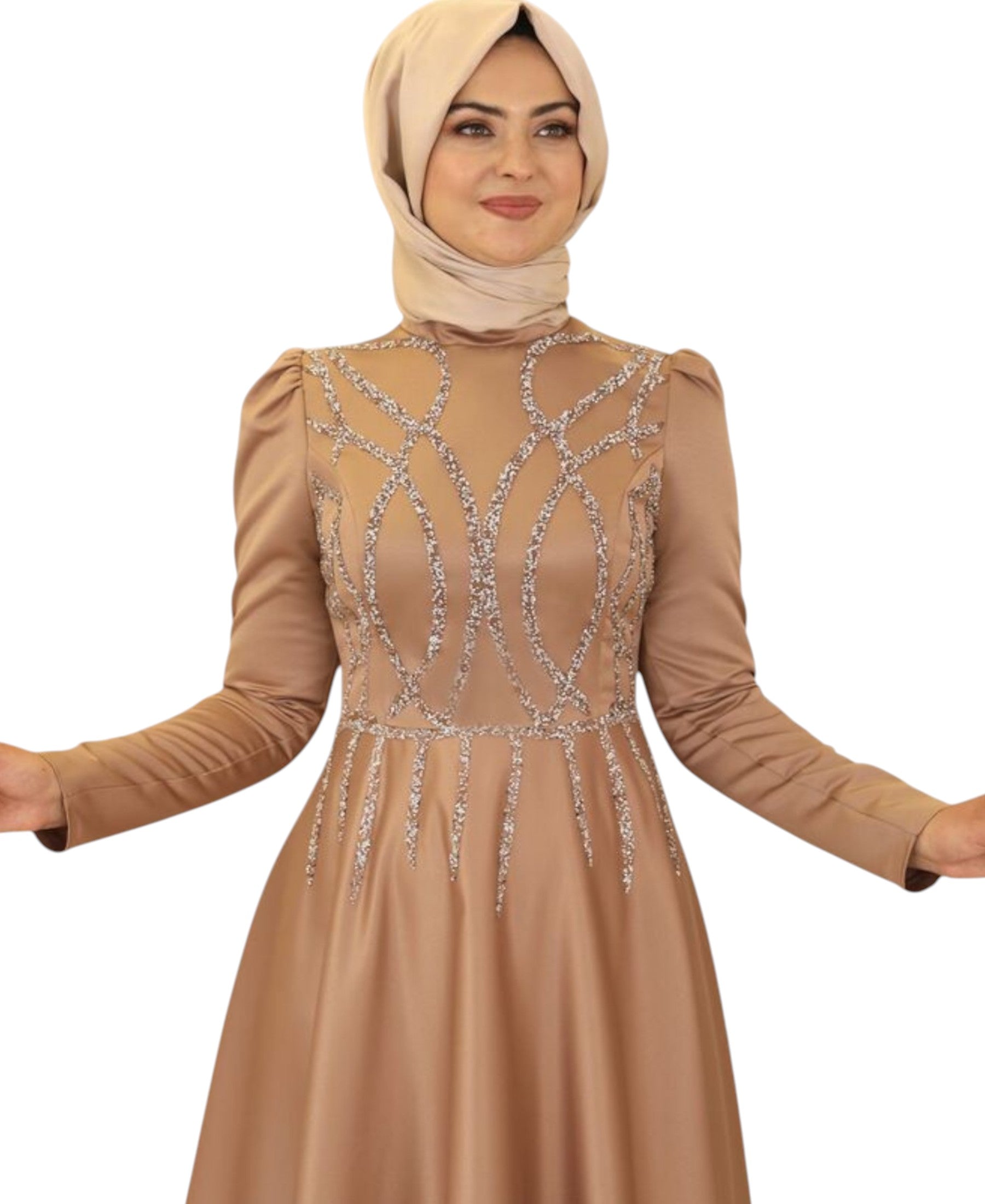 Satinkleid Maxikleid in Satinoptik mit Schmucksteinbesatz - Modest Fashion Abiye