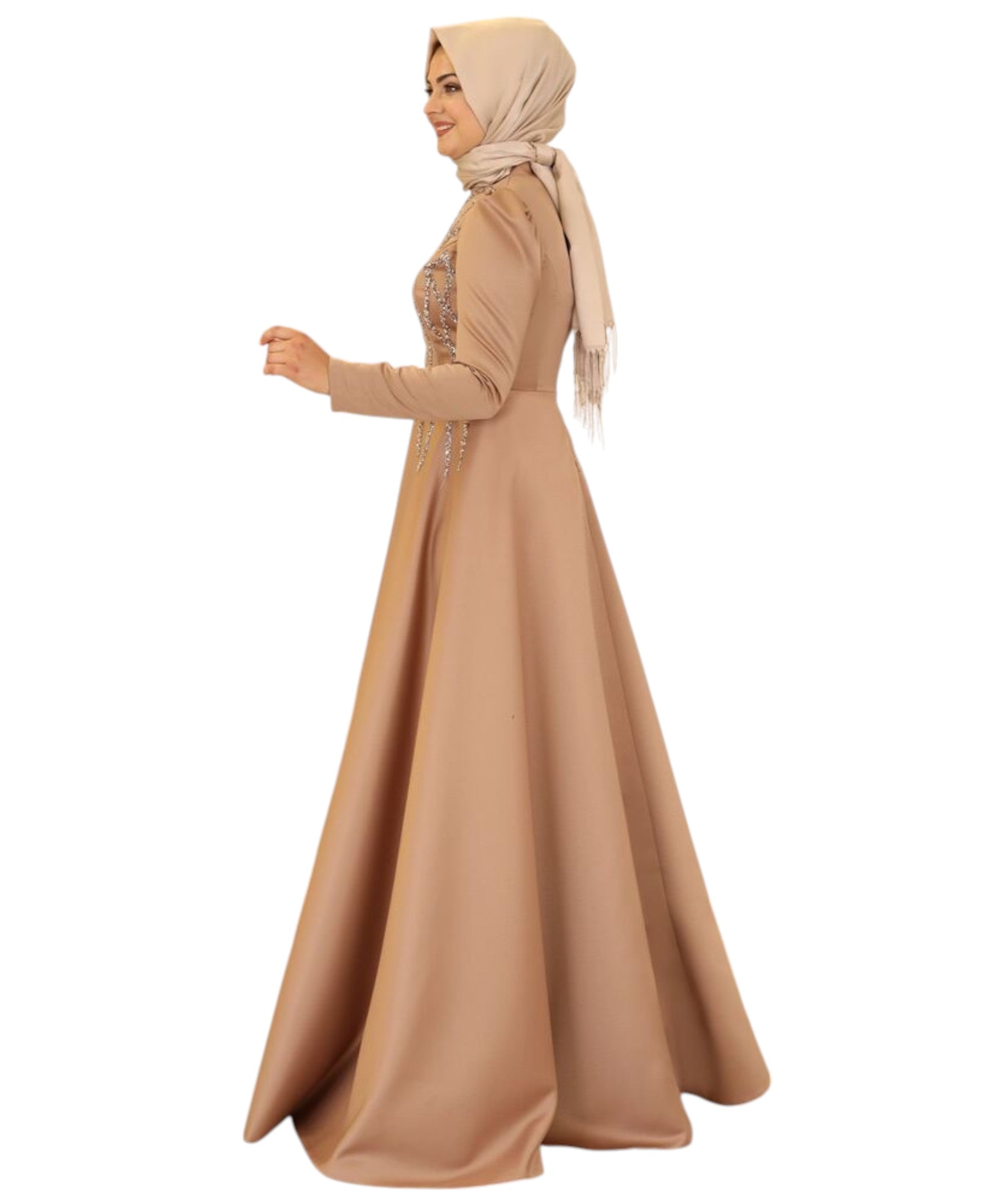 Satinkleid Maxikleid in Satinoptik mit Schmucksteinbesatz - Modest Fashion Abiye